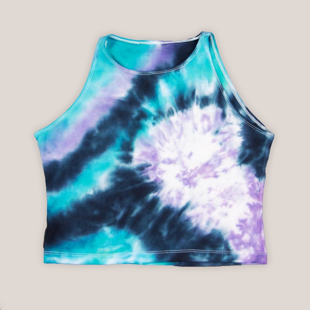 Colorado Dusk Tie Dye Crop Top | Purple Teal + Black Hand-Dyed Cotton Yoga Shirt
